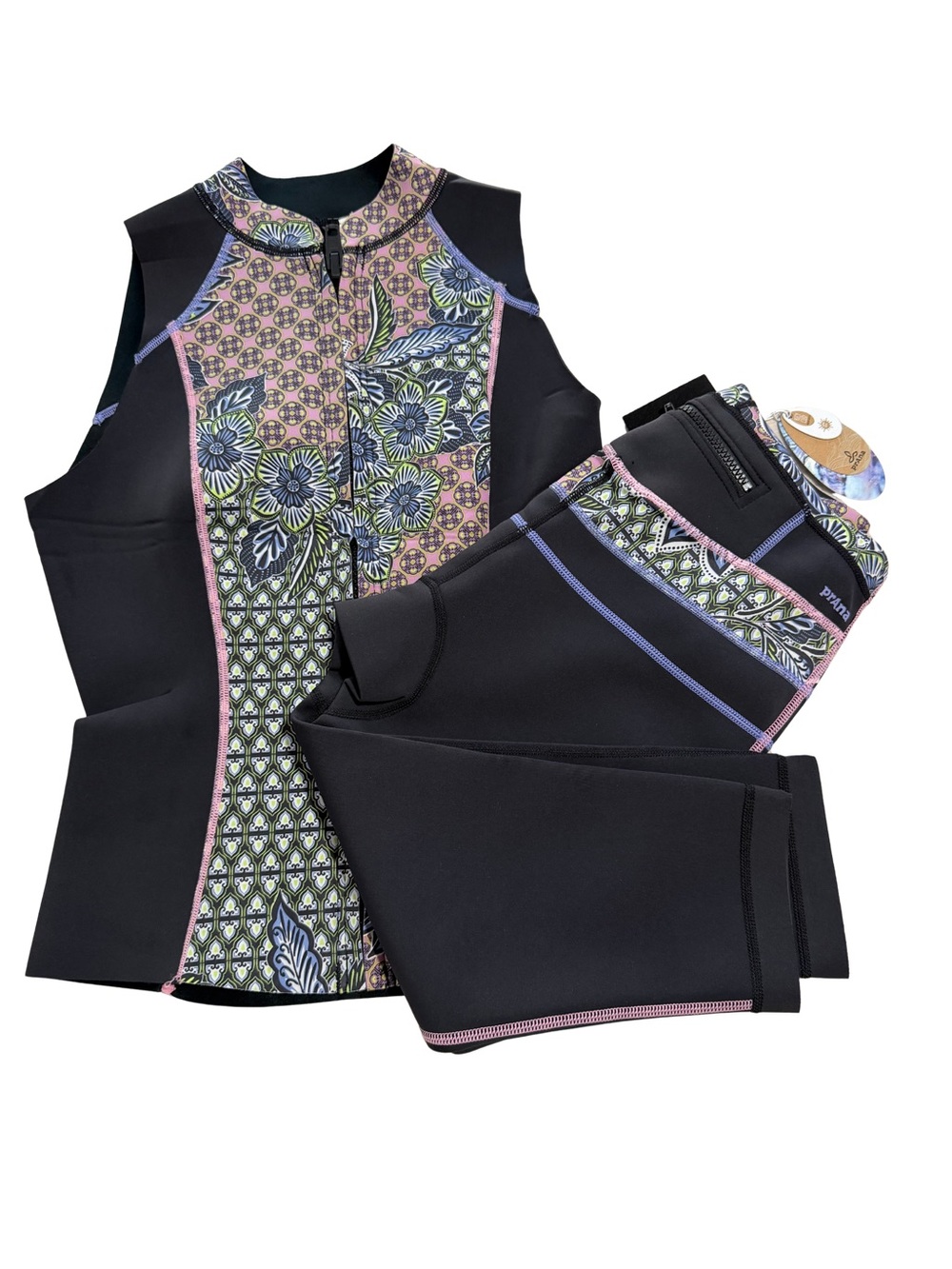 Prana Black Floral-Panel Neoprene Capri & Vest Set